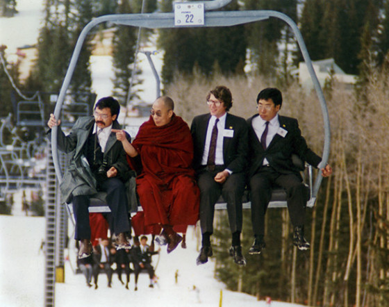 The Dalai Lama on a chairlift in the mountains of New Mexico, April 1991.  Photo by Bob Shaw.