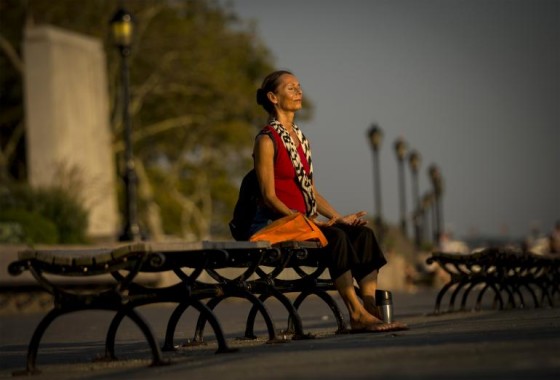 A woman takes in the sun just before sunset at the southern tip of Manhattan in New York's Battery Park, September 2, 2014. The temperature hit 92 degrees Fahrenheit (33 degree Celsius) in Central Park today for the first time in 2014. REUTERS/Brendan McDermid