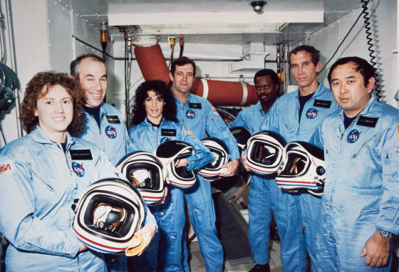 The NASA family lost seven of its own on the morning of Jan. 28, 1986, when a booster engine failed, causing the Shuttle Challenger to break apart just 73 seconds after launch. In this photo from Jan. 9, 1986, the Challenger crew takes a break during countdown training at NASA's Kennedy Space Center. Left to right are Teacher-in-Space payload specialist Sharon Christa McAuliffe; payload specialist Gregory Jarvis; and astronauts Judith A. Resnik, mission specialist; Francis R. (Dick) Scobee, mission commander; Ronald E. McNair, mission specialist; Mike J. Smith, pilot; and Ellison S. Onizuka, mission specialist. Photo courtesy of NASA. 